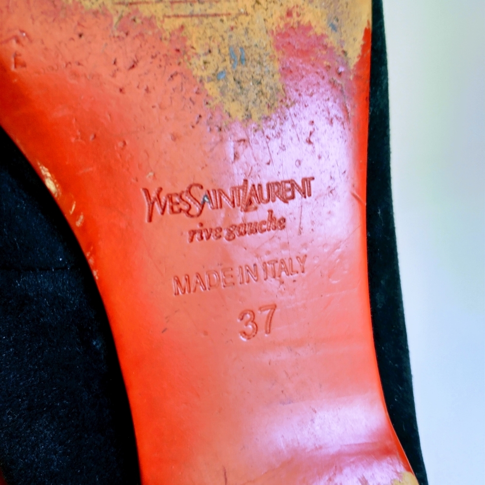 YSL Yves Saint Laurent Black Suede Shoes.(Size 37) Made in Italy. Gold-tone Logo - Picture 13 of 14